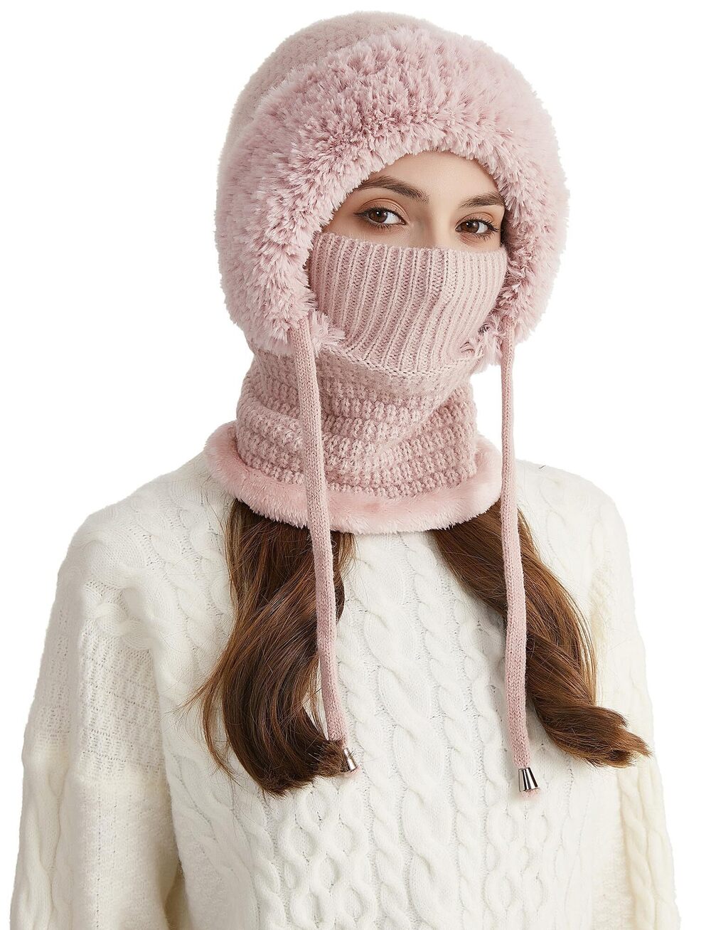 3570 Knitted Fur Cap Mask Winter Cap Mask Set Hooded Knitted Cashmere Neck